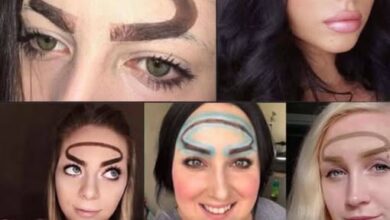 A collage of people with unusual eyebrow designs forming a loop across their foreheads.