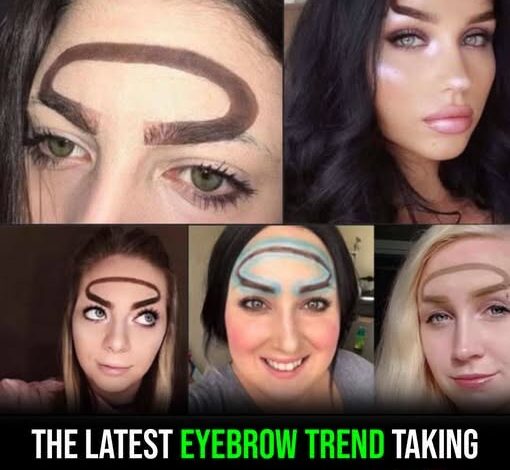 A collage of people with unusual eyebrow designs forming a loop across their foreheads.