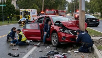 May be an image of ambulance, car, road and text