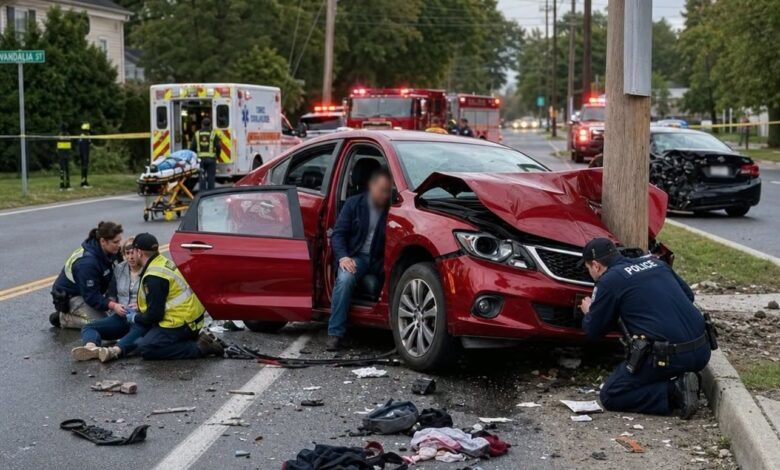 May be an image of ambulance, car, road and text